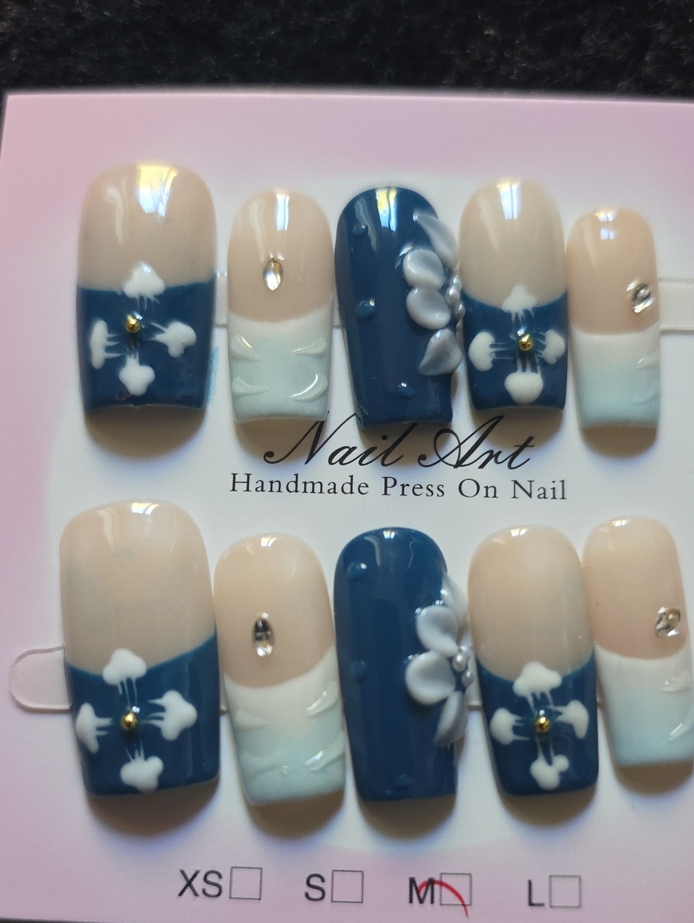 Handmade Blue & Cream Floral Press-On Nails - Size Med